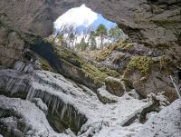 Bild des Monats April 2025 - Blick aus der Scărișoara-Höhle (rumänisch Peștera Scărișoara), einer Eishöhle in 1082 Metern Seehöhe im rumänischen Apuseni-Gebirge